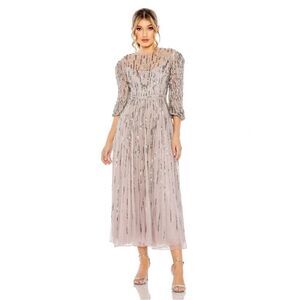 MAC DUGGAL 93889 Beaded Sequin High Neck Lined Midi Dress Heather 2 NWT